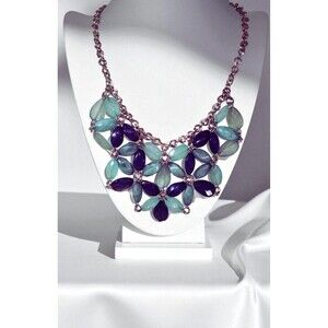 Blue & Aqua Beaded Statement Bib Necklace – Layered Floral Collar, Silver Chain,